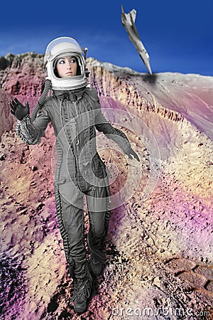 Astronaut fashion stand woman space suit helmet Stock Photo
