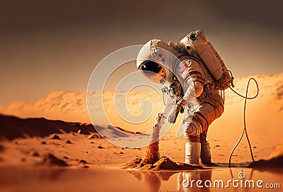 Astronaut filtering water on alien planet. Generative AI Stock Photo