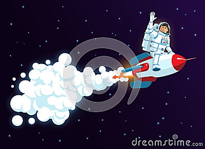 Astronaut flies astride rocket and waves his hand Vector Illustration