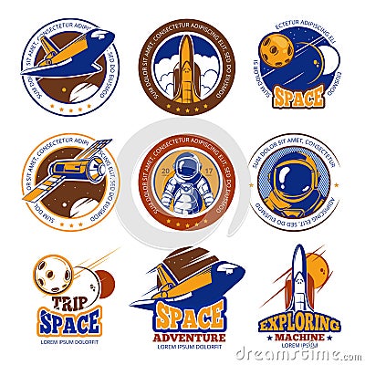 Astronaut flight, aviation, space shuttle and rockets vintage vector labels, logos, badges, emblems Vector Illustration