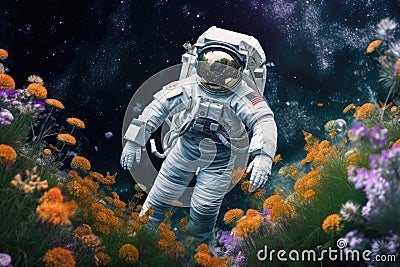 astronaut floating above field of flowers, with the view of distant planets and stars visible in the background Stock Photo