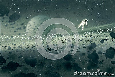 Astronaut floating in asteroid field,mysterious space Cartoon Illustration