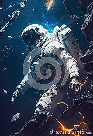astronaut floating among asteroids touching an asteroid. Ai generative Stock Photo