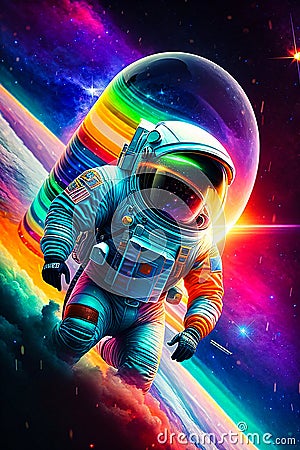 Astronaut floating on colorful space rainbow galaxy. Astronaut journey time Travel Milky way Cosmos Discovery zero gravity. Stock Photo