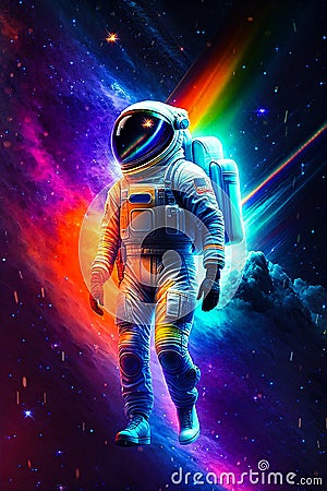 Astronaut floating on colorful space rainbow galaxy. Astronaut journey time Travel Milky way Cosmos Discovery zero gravity. Stock Photo