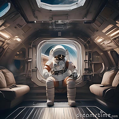 An astronaut floating inside a spacecraft, looking out of the window at the vastness of space1 Stock Photo