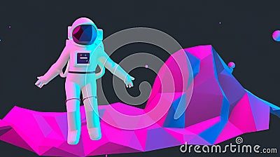 Astronaut floating in the metaverse, low poly 3d image neon theme, 3d rendering Generated Image Stock Photo