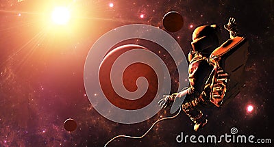 Astronaut floating in space. New worlds and unexplored galaxies. Asteroids and planet Stock Photo