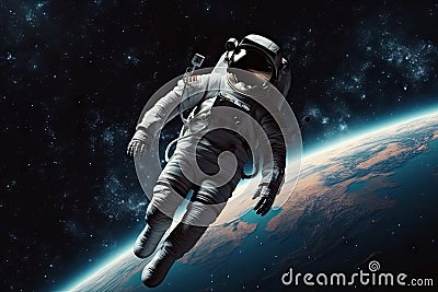 astronaut, floating in the zero gravity of space, with view of distant planets and stars Stock Photo
