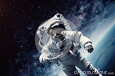 astronaut, floating in the zero gravity of space, with view of distant stars and planets Stock Photo