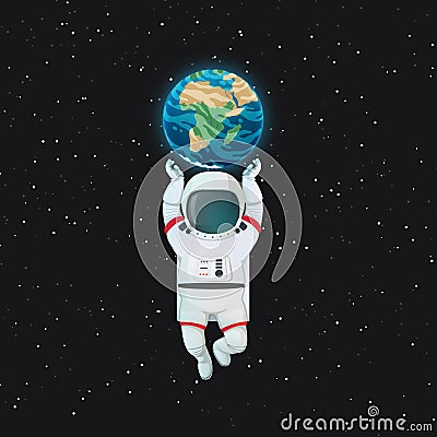 Astronaut flying with arms raised supporting planet Earth with dark space and stars in the background Vector Illustration