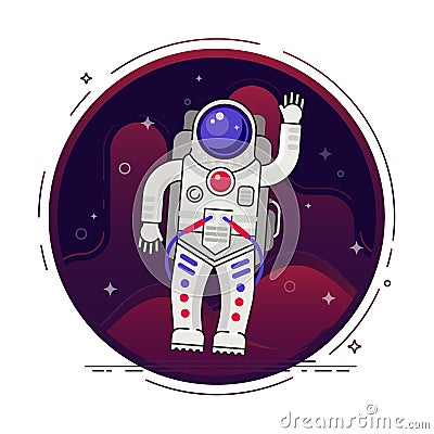 Astronaut is flying in outer space concept vector illustration in flat design with lines elements. Vector Illustration