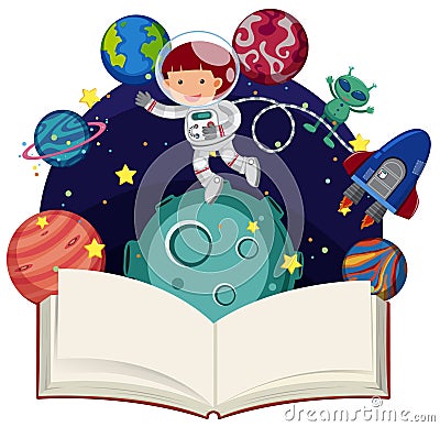 Astronaut flying in space and blank book Vector Illustration