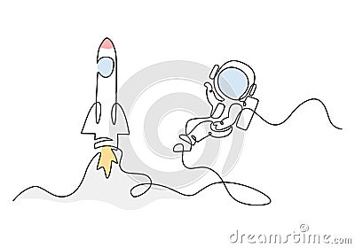 Astronaut flying with spacecraft continuous line drawing. Rocket space ship universe concept vector Vector Illustration