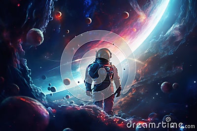 An astronaut in focus, with a softly blurred background of atom-inspired constellations and galaxies. Great for promoting space Stock Photo