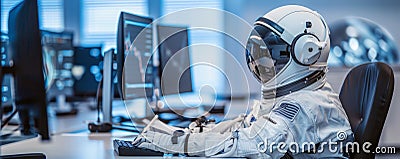 Astronaut in Full Space Suit Working at Modern Office Desk with Multiple Computer Screens Stock Photo