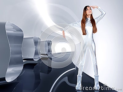 Astronaut futuristic silver woman glass helmet Stock Photo