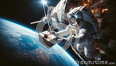 Astronaut with Gift Box in Space, Earth in Background Stock Photo