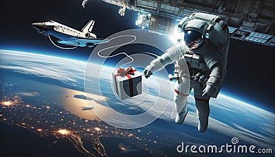 Astronaut with Gift Box Tethered Outside Space Shuttle Stock Photo