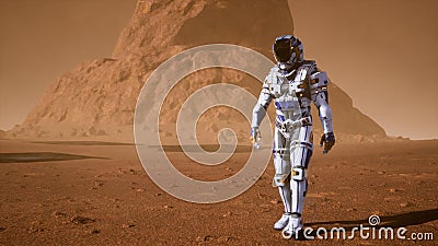 Astronaut goes on the surface of Mars through a dust storm past the giant solar panels. Panoramic landscape on the Stock Photo