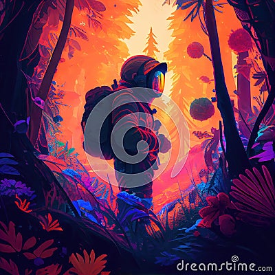 Astronaut goes to an unknown planet, where the primeval forest is filled with bright and colorful flora. Generative AI Cartoon Illustration