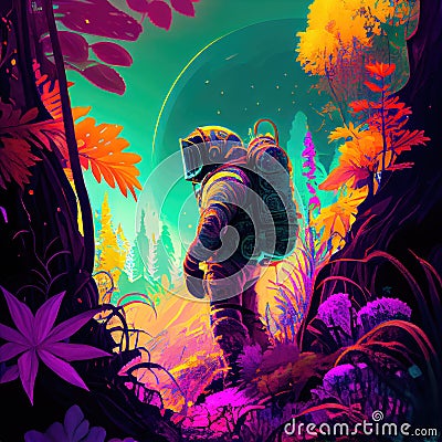 Astronaut goes to an unknown planet, where the primeval forest is filled with bright and colorful flora. Generative AI Cartoon Illustration