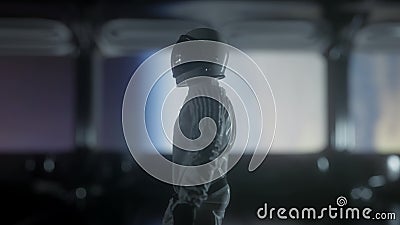 Astronaut going through the tunnel to another compartment of futuristic spaceship. 3d rendering Stock Photo