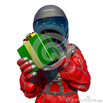 astronaut got a christmas gift for you on white background Cartoon Illustration