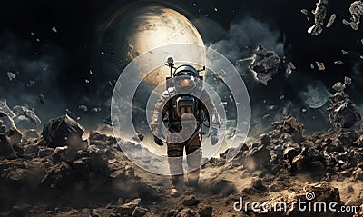Astronaut gracefully traverses the lunar surface, surrounded by a surreal landscape of moon dust and the remnants of Stock Photo
