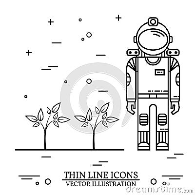 Astronaut grow plants on Mars. Vector Illustration