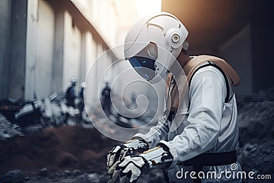 Astronaut in helmet and spacesuit working on coal mine. Futuristic AI robot handyman working on a construct, AI Generated Stock Photo