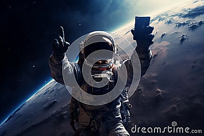 astronaut hold mobile phone Stock Photo