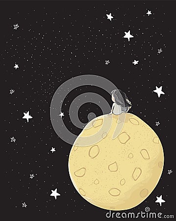 Cute drawing astronaut girl sitting alone on the big moon in galaxy space with stars, copy space, idea for printable card, tshirt Vector Illustration