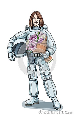 Astronaut holding the helmet and the lush bouquet Vector Illustration