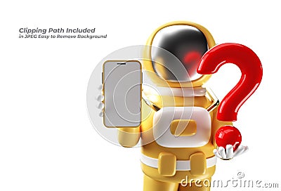 Astronaut Holding Question Mark with Blank Mobile Mockup Pen Tool Created Clipping Path Included in JPEG Easy to Composite Stock Photo