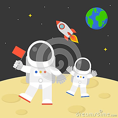 Astronaut holding red flag walking on moon surface with flying rocket in space and earth globe background Vector Illustration