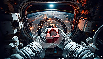 Astronaut Holding Red Gift Box in Space Station Stock Photo