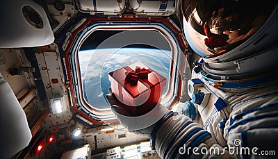 Astronaut Holding Red Gift Box in Space Station Stock Photo