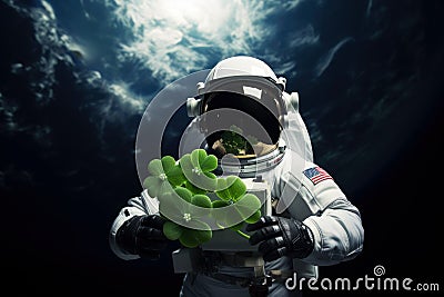 An astronaut holding a shamrock Patrick leaf on the moon, . Generative AI. Stock Photo