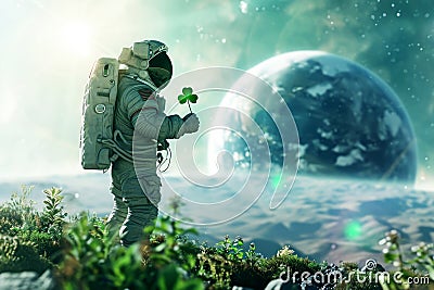 An astronaut holding a shamrock Patrick leaf on the moon, . Generative AI. Stock Photo