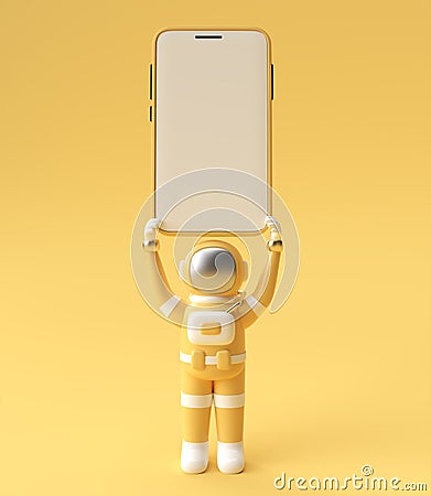 Astronaut Holding Smartphone Blank Screen Template. Abstract trendy fashionable mockup. 3D rendering of blank phone mobile app Stock Photo
