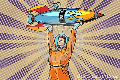 Astronaut holding a space rocket Vector Illustration