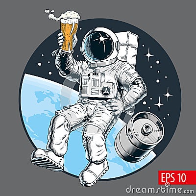 Astronaut holds a beer pint and beer keg in outer space. Vector illustration. Vector Illustration