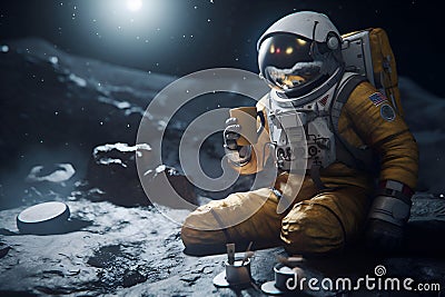 An astronaut holds a cup of coffee on the surface of the moon, Generative AI 1 Stock Photo
