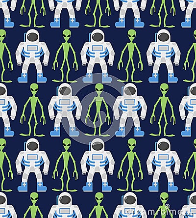 Astronaut and humanoid, alien. Seamless pattern, ornament. Vecto Vector Illustration