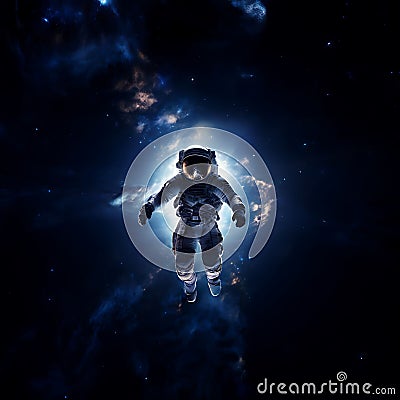 An astronaut illuminated by the soft radiance of the moon, floating gracefully in zero gravity. Generative AI. Stock Photo