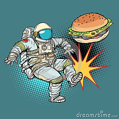 Astronaut kicks Burger fast food, proper nutrition Vector Illustration