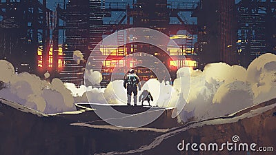 Astronaut and little robot looking at futuristic city Cartoon Illustration