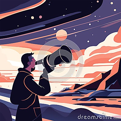 Astronaut looking through spyglass. Astronaut in outer space, flat vector illustration generative AI Vector Illustration