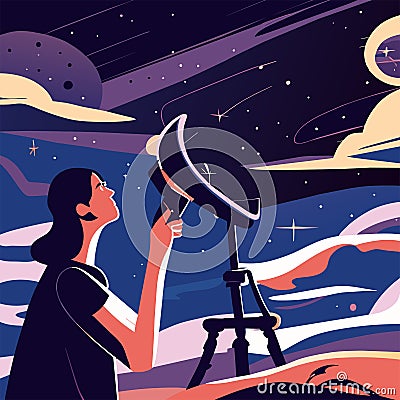 Astronaut looking through telescope. Vector illustration in flat cartoon style AI Generated Vector Illustration